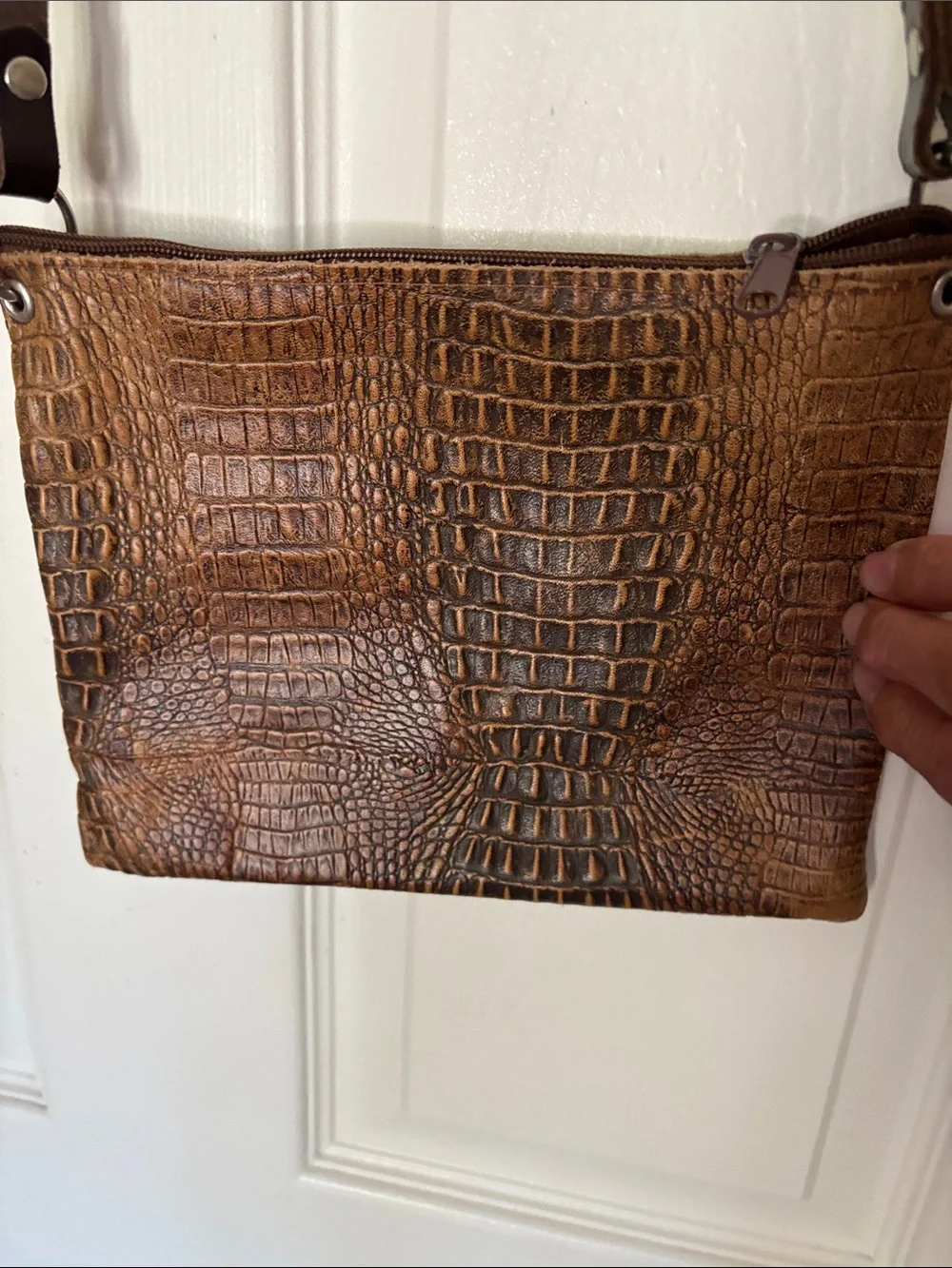 Handmade Croc-Effect Brown Leather Crossbody Bag